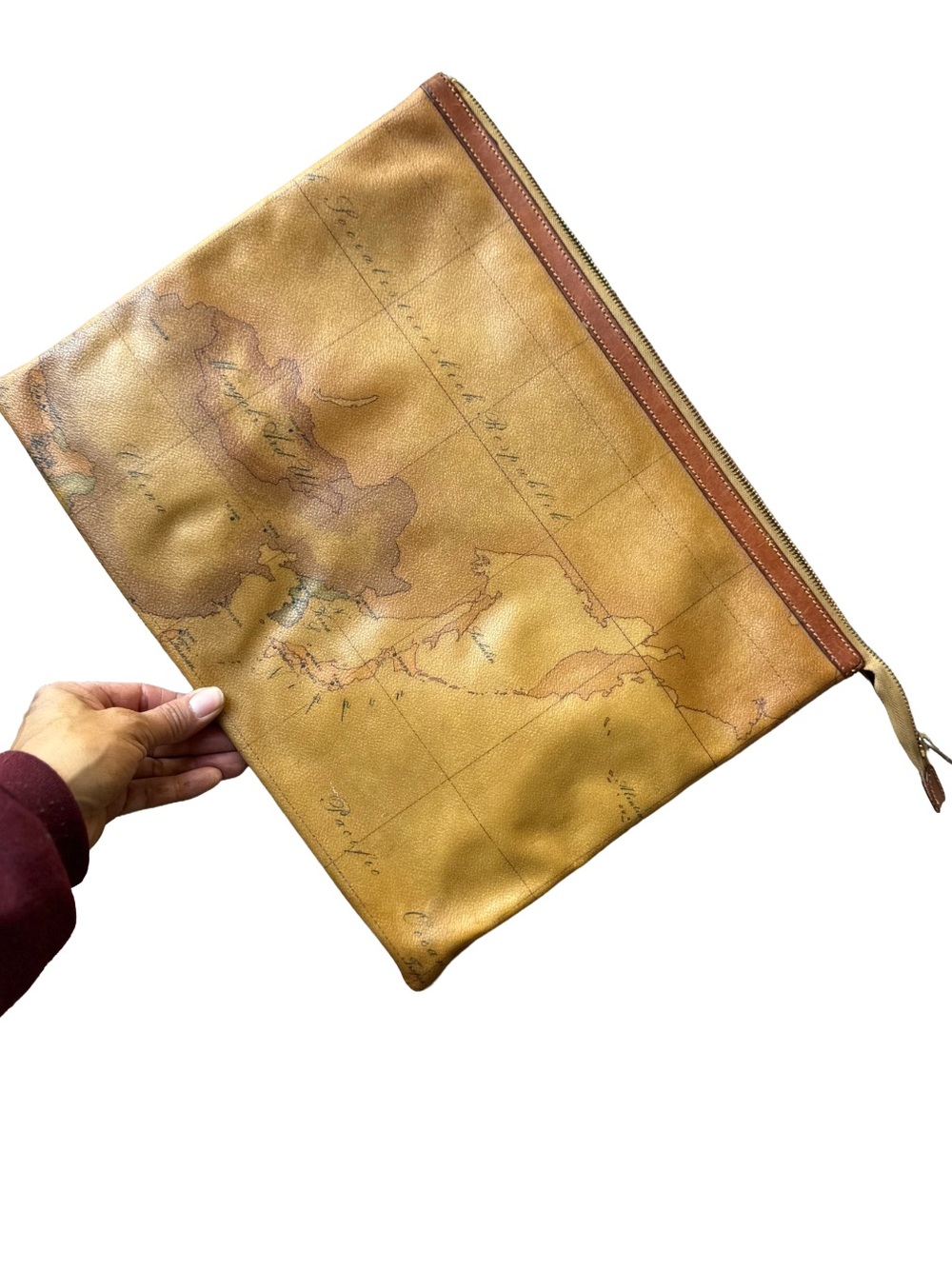 Alviero Martini Map Print Bag Brown Tan with Zipper Stitching